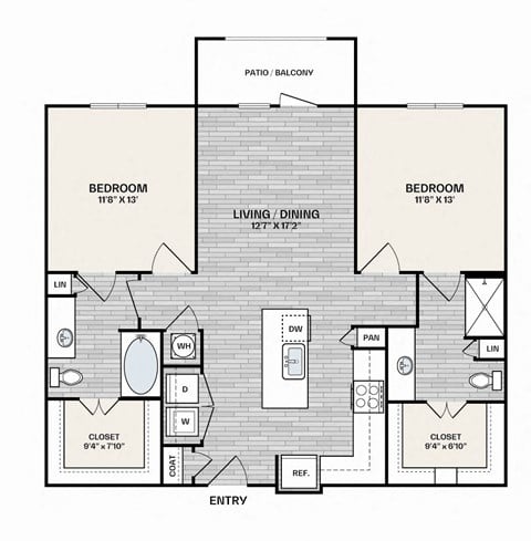 Floor plan for 2 beds, 2 baths, 1083 sqft